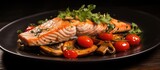 Grilled salmon with mushroom and tomato.