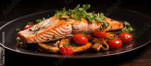 Grilled salmon with mushroom and tomato.