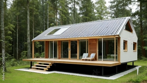 Modern eco-friendly tiny house with solar panels in a lush forest setting. © home 3d