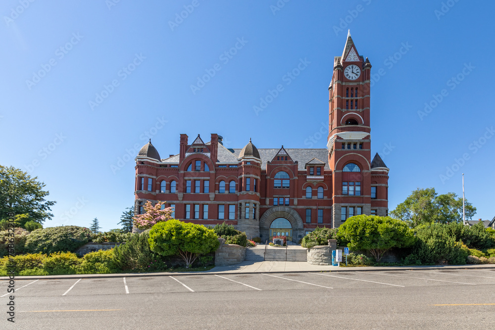 Historic Jefferson County Courthouse and Clock Tower Victorian style old historical  building in Port Townsend, Olympic Peninsula, Washington State