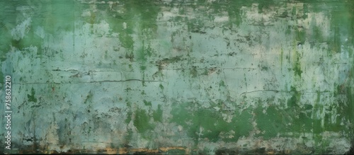A detailed shot of a green wall covered in peeling paint  showcasing the natural landscape and texture of wood beneath the surface