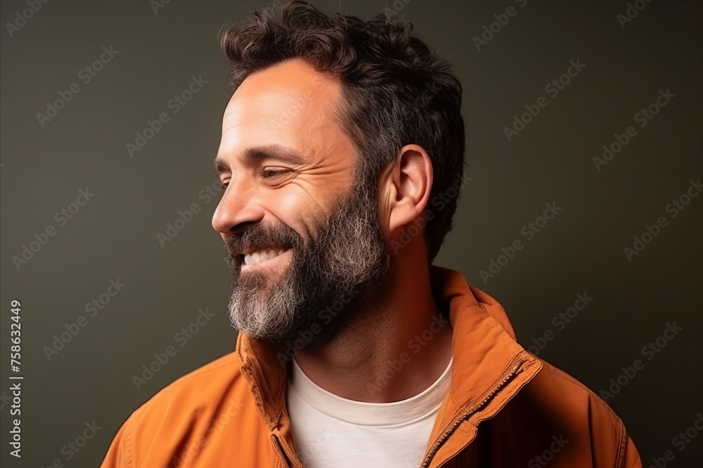 Portrait of a handsome bearded man laughing against a dark background.
