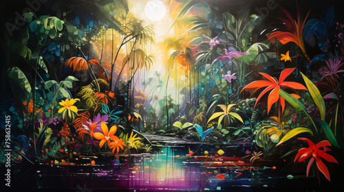 Abstract painting of a tropical jungle or rainforest.