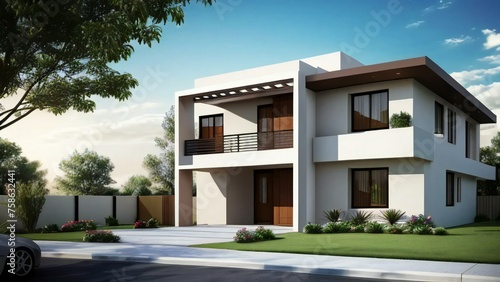 Modern two-story house with balconies at dusk, landscaped front yard and clear sky. © home 3d