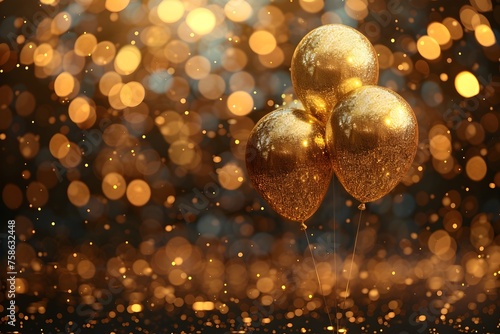 Tres atractivos globos dorados de celebracion, al fondo luces amarillas con efecto bokeh. Imagen con espacio para copiar. Imagen ideal para cumpleaños, graduacion o navidad. photo
