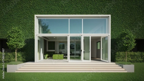 Modern house facade with large windows and green living wall, eco-friendly architecture concept.