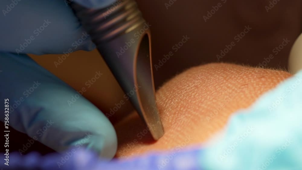 Laser injection - medical tool in contact with skin under a specialized ...