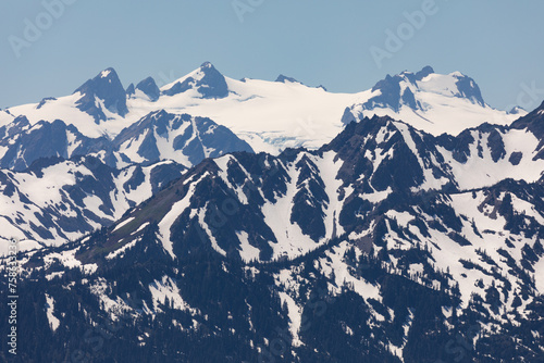 Olympic Mountain range as seen from Hurricane Ridge in Olympic National Park, Washington, with its snow covered glacial peaks