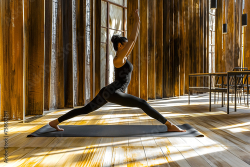 A woman is doing a yoga pose in a room with wooden floors and wooden walls photo