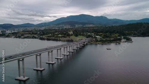 Wallpaper Mural Forward drone shot of a bridge connecting two cities in Hobart, Australia. Aerial view. Torontodigital.ca