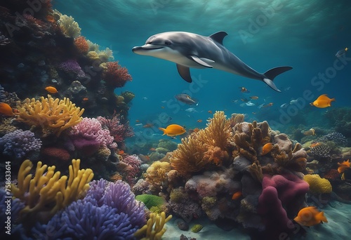 Dolphins Swims Through Vibrant Underwater Marine Life Amid Colorful Ocean Fishes. A Generative AI © Creatively