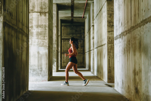 A woman runs through a long  empty hallway