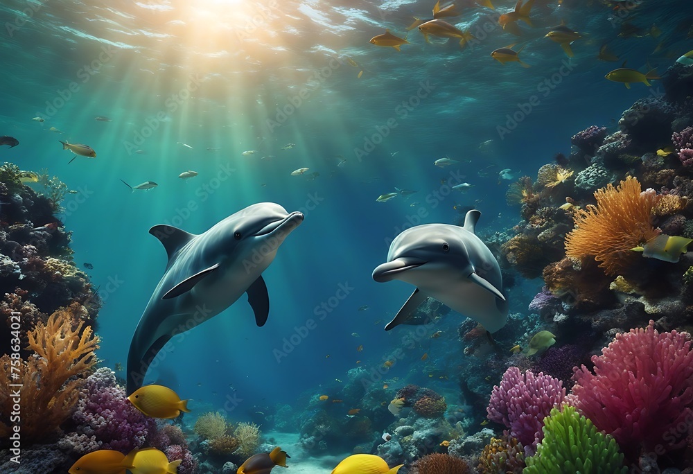Dolphins Swims Through Vibrant Underwater Marine Life Amid Colorful Ocean Fishes. A Generative AI Dolphins Swims Through Vibrant Underwater Marine Life Amid Colorful Ocean Fishes. A Generative AI