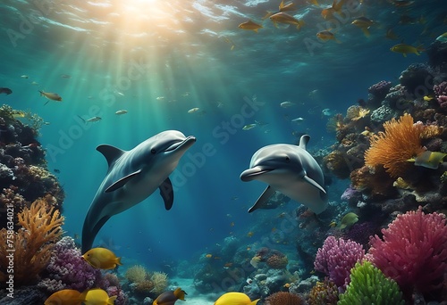 Dolphins Swims Through Vibrant Underwater Marine Life Amid Colorful Ocean Fishes. A Generative AI