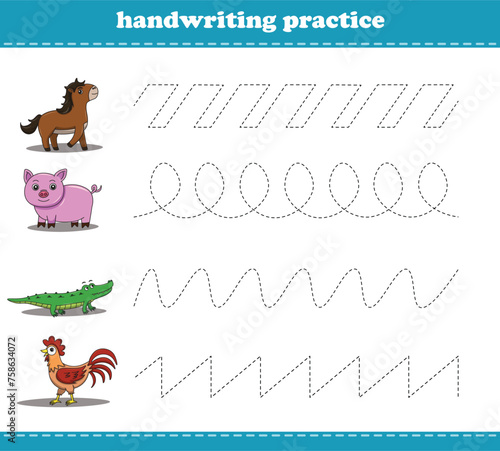 Worksheet for practicing fine kids motor skills. Handwriting practice with wild animals. Vector