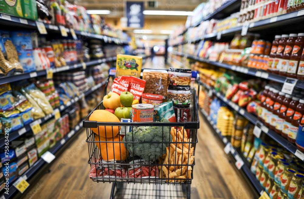 Grocery Shopping Cart Filled with Food in Supermarket Aisle
