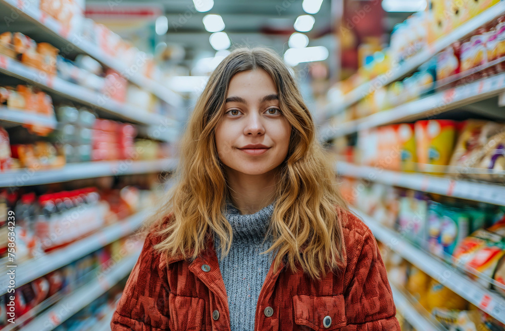 Content Young Woman in Red Jacket Browsing in Grocery Aisle
