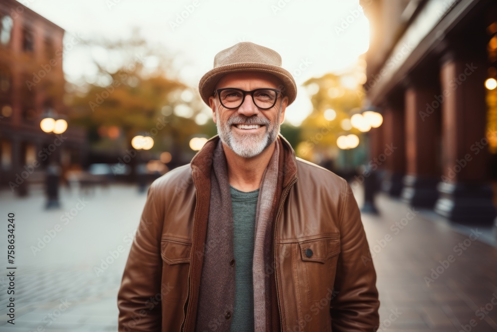 Portrait of a smiling senior man in a hat and glasses on a city street. Portrait of a smiling senior man in a hat and glasses on a city street.