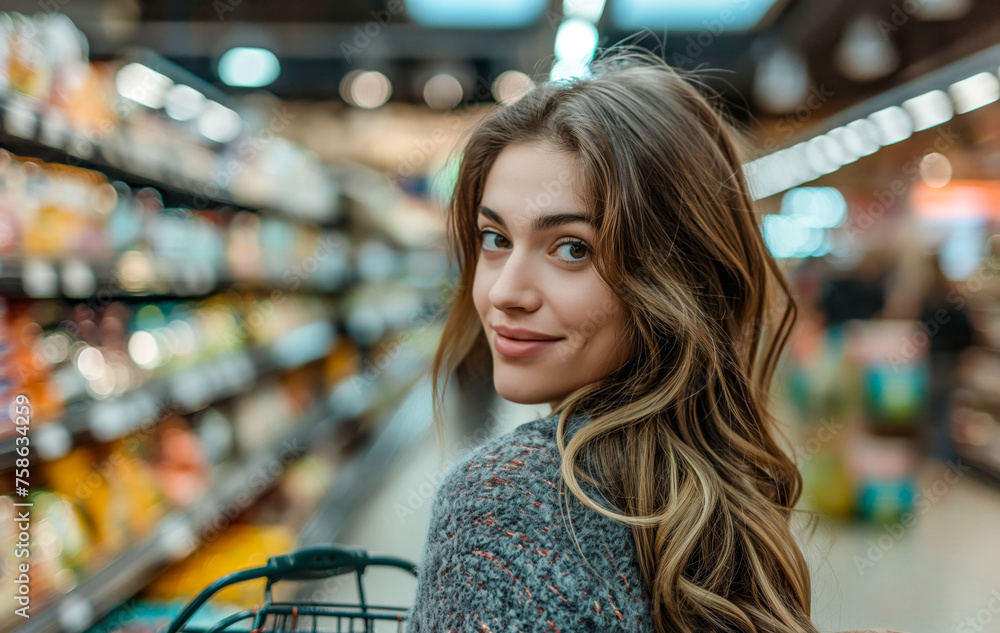 Smiling Woman with Shopping Cart in Grocery Store Aisle
Smiling Woman with Shopping Cart in Grocery Store Aisle