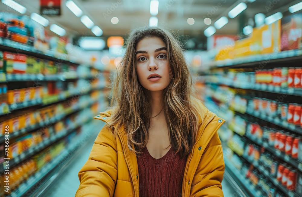 Surprised Young Woman in Yellow Jacket at Supermarket Aisle
