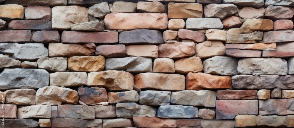 A closeup of a stone wall showcasing an array of different rocks, each contributing to the unique texture and pattern of the brickwork