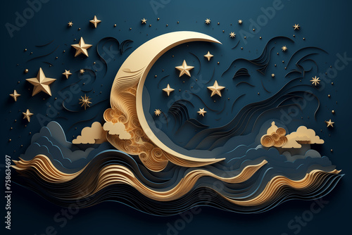 crescent moon decorated with star and cloud. paper art style.