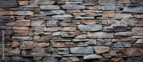 A detailed closeup of a stone wall showcasing a variety of rocks, demonstrating the use of different building materials in brickwork construction