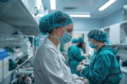 Two female surgeons in scrubs perform a medical procedure in a hospital room