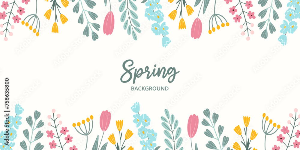 Spring horizontal festive banner on white background with place for typography in flat vector style. Hand drawn blooming colorful flowers, green leaves. Seasonal botanical template. - obrazy, fototapety, plakaty 