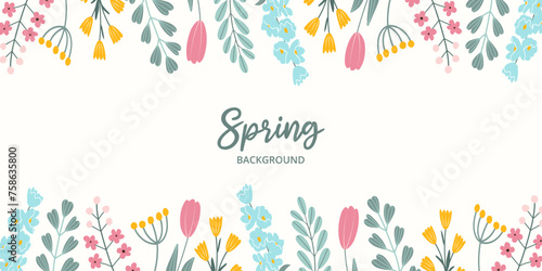 Spring horizontal festive banner on white background with place for typography in flat vector style. Hand drawn blooming colorful flowers  green leaves. Seasonal botanical template.