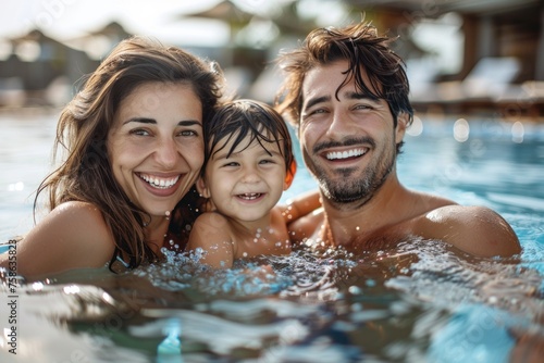 Faces beaming with smiles as the family enjoys a leisurely swim in the water