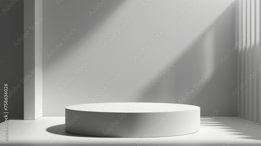 The stark contrast of light and shadow plays across a minimalist white platform and wall, creating a simple yet striking visual. The stark contrast of light and shadow plays across a minimalist white platform and wall, creating a simple yet striking visual.