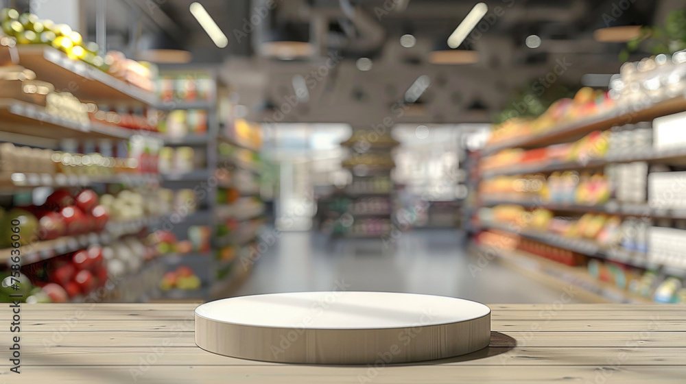 An empty white podium stands at the forefront of a modern and well-lit supermarket aisle, inviting product display and promotion.