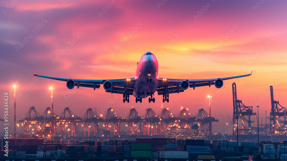 Fototapeta premium anding airplane. Landscape with white passenger airplane is flying in the blue sky with clouds at colorful sunset. Travel background. Passenger airliner. Business trip. Commercial aircraft. Concept