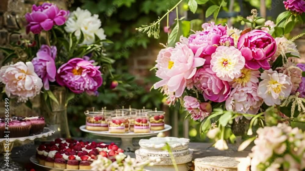 Wedding decoration with peonies, floral decor and event celebration, peony flowers and wedding ceremony in the garden, English country style Wedding decoration with peonies, floral decor and event celebration, peony flowers and wedding ceremony in the garden, English country style
