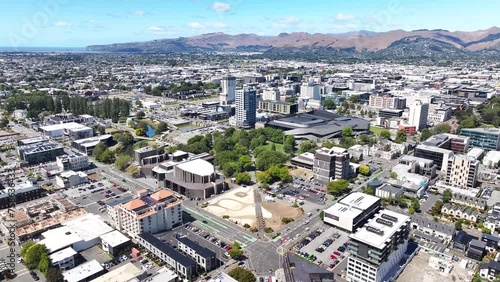 Beautiful birds eye view of Christchurch, New Zealand. Important cultural and commercial buildings photo