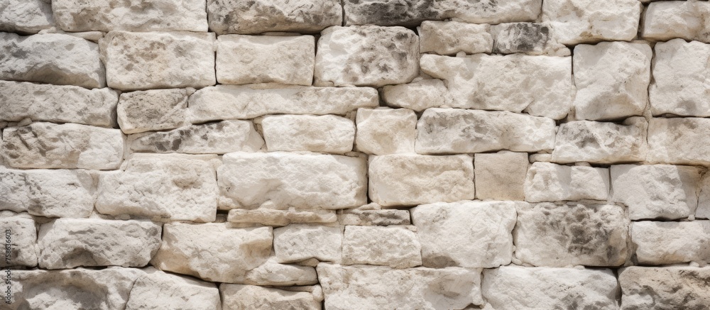 A detailed closeup of a brick wall showcasing the intricate pattern of rectangular limestone bricks creating a sturdy and beautiful building material A detailed closeup of a brick wall showcasing the intricate pattern of rectangular limestone bricks creating a sturdy and beautiful building material