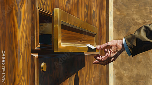 A persons hand is inserting a letter through a brass mail slot in a polished wooden door likely delivering mail