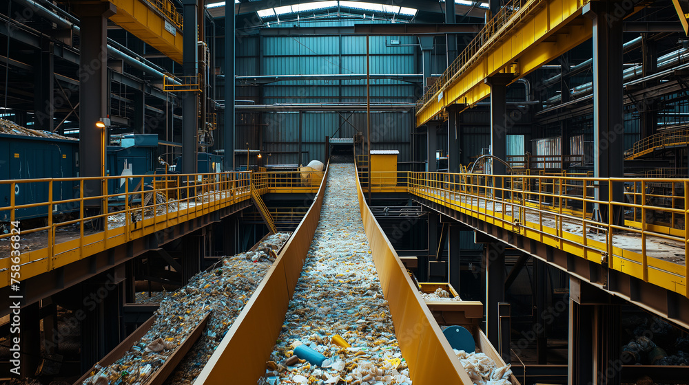 Conveyor belt with plastic recyclables on it in a facility, Waste management concept.