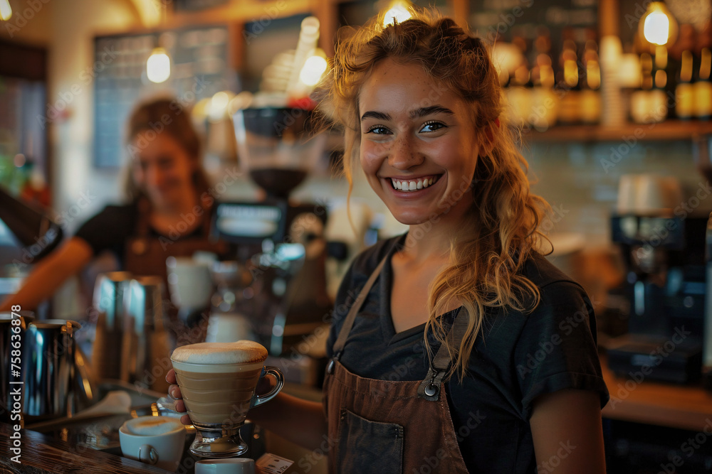 Friendly baristas in a cozy coffee shop. Casual lifestyle portrait series. Coffee culture and small business concept. Design for poster, banner, advertisement and editorial use. Friendly baristas in a cozy coffee shop. Casual lifestyle portrait series. Coffee culture and small business concept. Design for poster, banner, advertisement and editorial use.