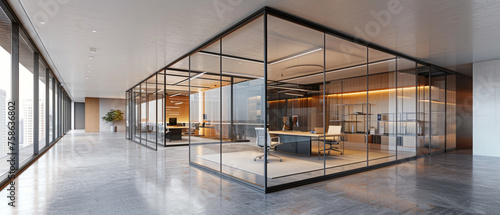 Modern office interior with glass walls, wood paneling, and sleek furniture. Polished floor reflects spacious design.