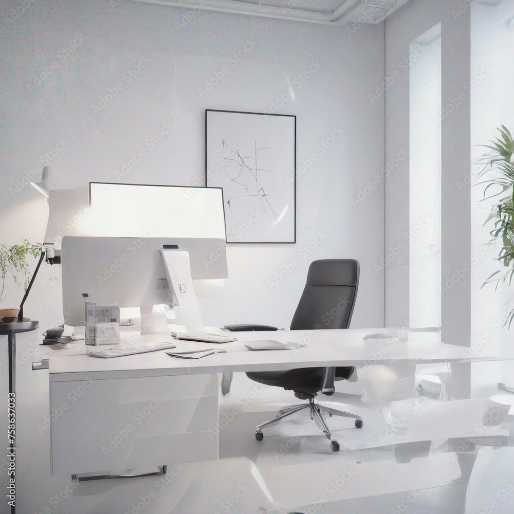 Modern white office interior with furniture and daylight. 3D Rendering