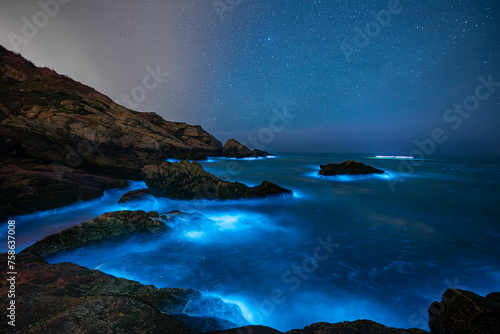 Blue tears Noctiluca under the starry sky. Photographed in Matsu, Taiwan © CHOUYU