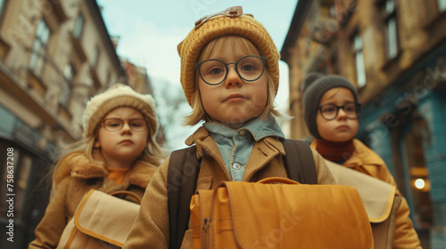 Three children walking on a city street, dressed in autumn attire with yellow jackets and warm hats. The child in the foreground is holding a satchel and wearing glasses.