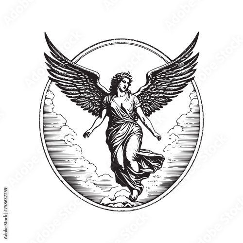 angel flying in the sky with cloud hand drawn art style vector illustration