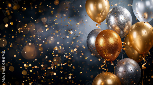 Elegant and festive background with gold and silver balloons surrounded by glittering confetti on a dark bokeh backdrop, perfect for celebrations and special occasions.