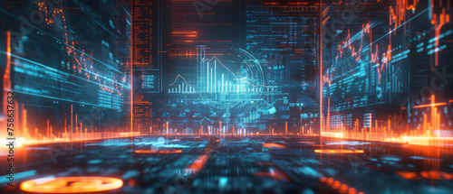 Futuristic digital landscape with glowing neon lines and abstract data visualizations. The perspective conveys depth, highlighting technology and information concepts.