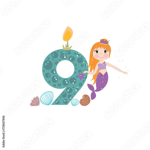 Cute little mermaid nine birthday card one candle and marine life