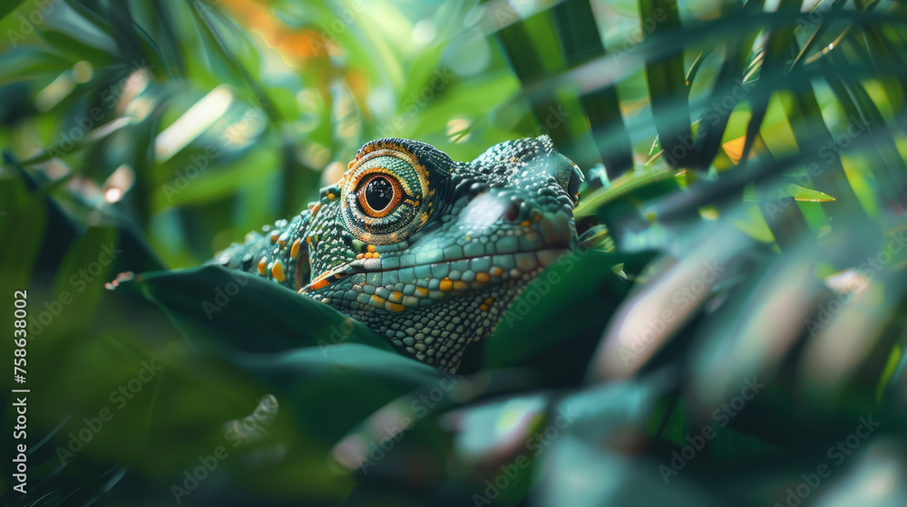 A vibrant close-up of a chameleon camouflaged among lush green leaves, with a sharp focus on its eye and intricate skin texture. A vibrant close-up of a chameleon camouflaged among lush green leaves, with a sharp focus on its eye and intricate skin texture.