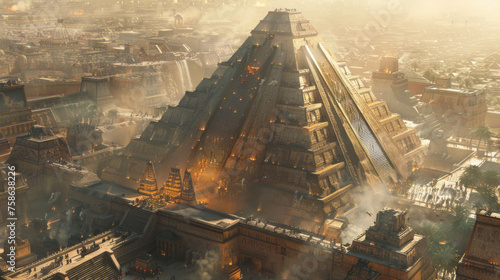 An ancient, monumental pyramid towers over a bustling cityscape bathed in the golden light of the setting sun, with smoke gently rising from structures around